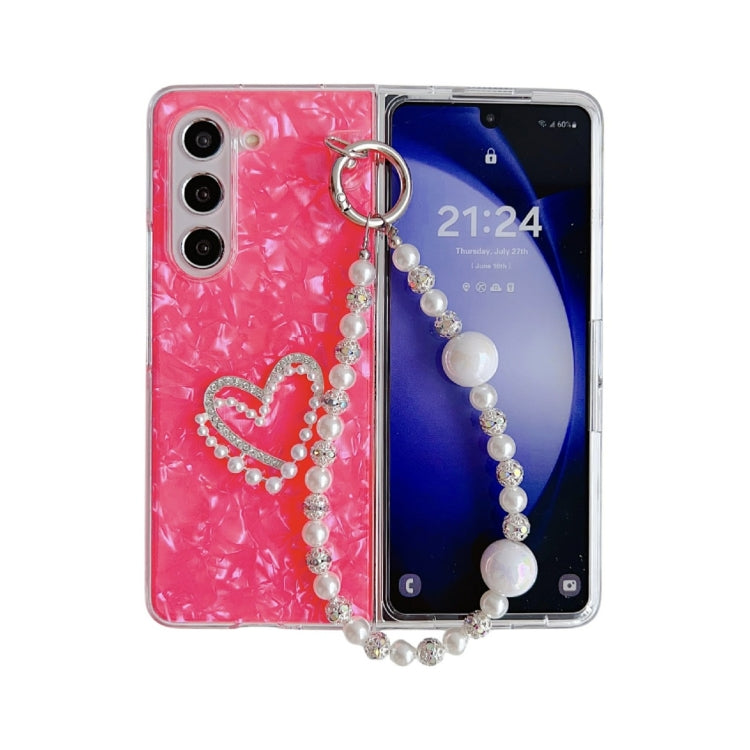 Pearlescent Shell Texture Heart Pattern Phone Case with Bracelet, For Samsung Galaxy Z Fold6, For Samsung Galaxy Z Fold5, For Samsung Galaxy Z Fold4, For Samsung Galaxy Z Fold3