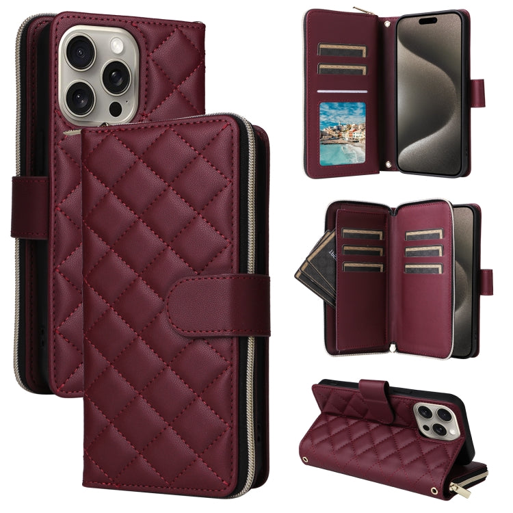 Crossbody Rhombic Zipper Tower Buckle Leather Phone Case with Lanyard, For iPhone 16, For iPhone 15 Pro Max, For iPhone 15 Pro, For iPhone 15 Plus / 14 Plus