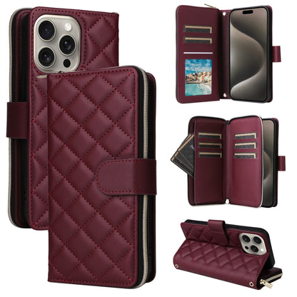 Crossbody Rhombic Zipper Tower Buckle Leather Phone Case with Lanyard, For iPhone 16, For iPhone 15 Pro Max, For iPhone 15 Pro, For iPhone 15 Plus / 14 Plus