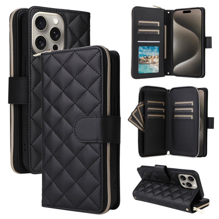Crossbody Rhombic Zipper Tower Buckle Leather Phone Case with Lanyard, For iPhone 16, For iPhone 15 Pro Max, For iPhone 15 Pro, For iPhone 15 Plus / 14 Plus
