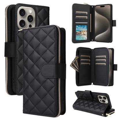 Crossbody Rhombic Zipper Tower Buckle Leather Phone Case with Lanyard, For iPhone 16, For iPhone 15 Pro Max, For iPhone 15 Pro, For iPhone 15 Plus / 14 Plus