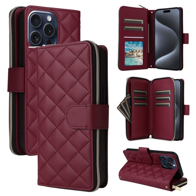 Crossbody Rhombic Zipper Tower Buckle Leather Phone Case with Lanyard, For iPhone 16, For iPhone 15 Pro Max, For iPhone 15 Pro, For iPhone 15 Plus / 14 Plus