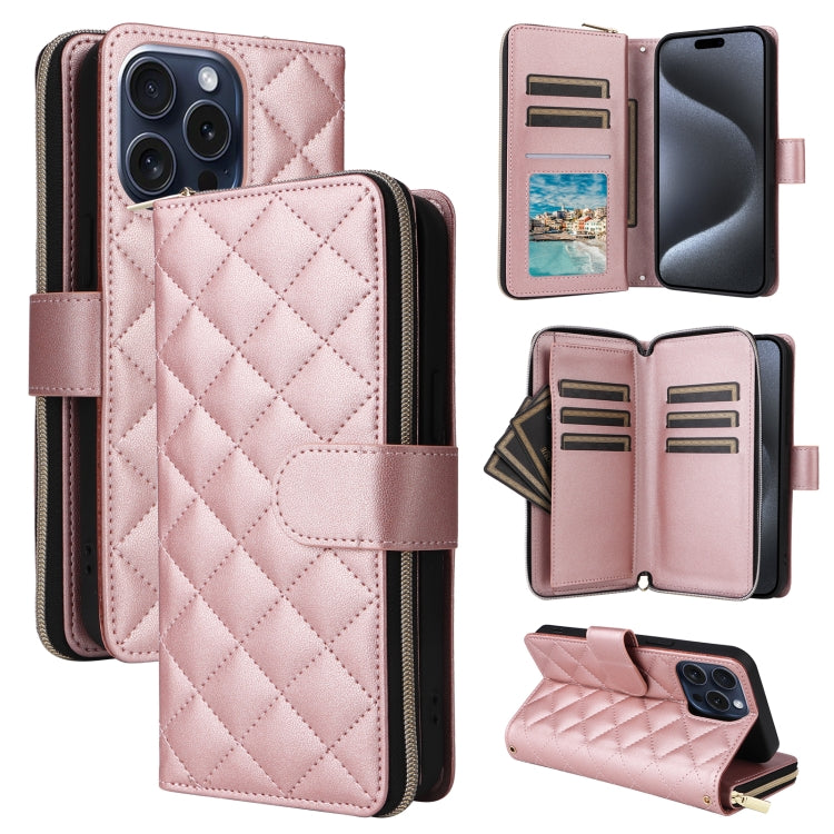 Crossbody Rhombic Zipper Tower Buckle Leather Phone Case with Lanyard, For iPhone 16, For iPhone 15 Pro Max, For iPhone 15 Pro, For iPhone 15 Plus / 14 Plus