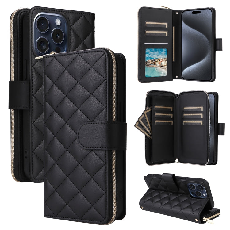 Crossbody Rhombic Zipper Tower Buckle Leather Phone Case with Lanyard, For iPhone 16, For iPhone 15 Pro Max, For iPhone 15 Pro, For iPhone 15 Plus / 14 Plus