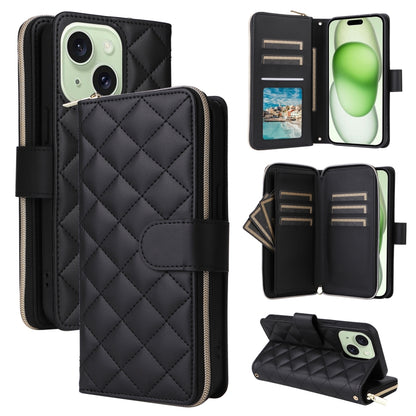 Crossbody Rhombic Zipper Tower Buckle Leather Phone Case with Lanyard, For iPhone 16, For iPhone 15 Pro Max, For iPhone 15 Pro, For iPhone 15 Plus / 14 Plus