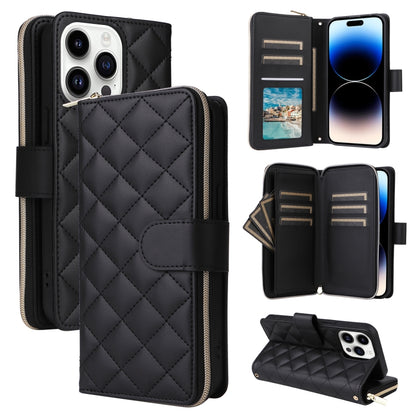 Crossbody Rhombic Zipper Tower Buckle Leather Phone Case with Lanyard, For iPhone 15, For iPhone 14 / 13, For iPhone 14 Pro, For iPhone 14 Pro Max