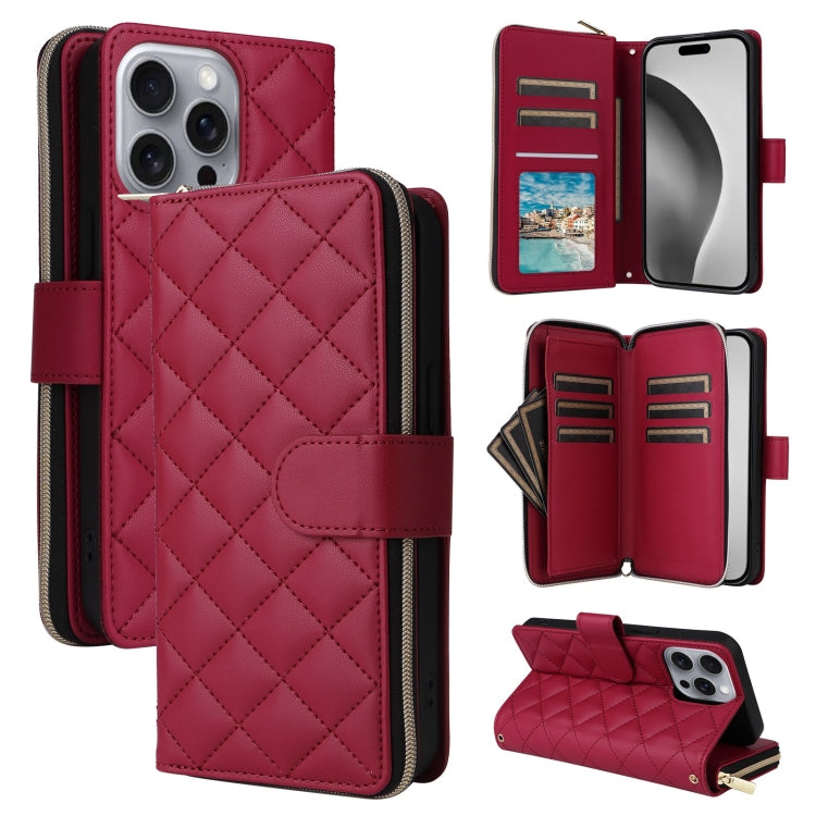 Crossbody Rhombic Zipper Tower Buckle Leather Phone Case with Lanyard, For iPhone Air, For iPhone 16 Pro Max, For iPhone 16 Pro, For iPhone 16 Plus