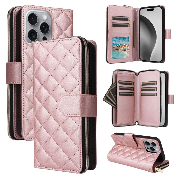 Crossbody Rhombic Zipper Tower Buckle Leather Phone Case with Lanyard, For iPhone Air, For iPhone 16 Pro Max, For iPhone 16 Pro, For iPhone 16 Plus