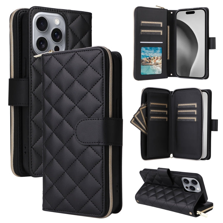 Crossbody Rhombic Zipper Tower Buckle Leather Phone Case with Lanyard, For iPhone Air, For iPhone 16 Pro Max, For iPhone 16 Pro, For iPhone 16 Plus