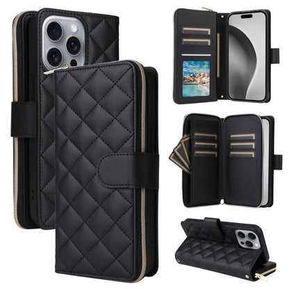 Crossbody Rhombic Zipper Tower Buckle Leather Phone Case with Lanyard, For iPhone Air, For iPhone 16 Pro Max, For iPhone 16 Pro, For iPhone 16 Plus