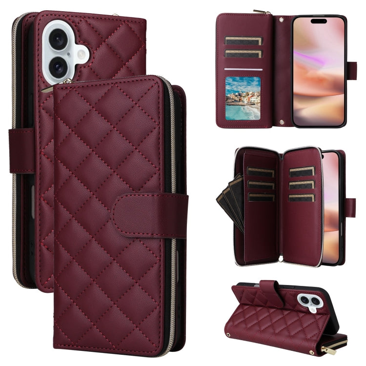 Crossbody Rhombic Zipper Tower Buckle Leather Phone Case with Lanyard, For iPhone Air, For iPhone 16 Pro Max, For iPhone 16 Pro, For iPhone 16 Plus