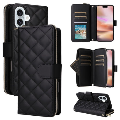 Crossbody Rhombic Zipper Tower Buckle Leather Phone Case with Lanyard, For iPhone Air, For iPhone 16 Pro Max, For iPhone 16 Pro, For iPhone 16 Plus