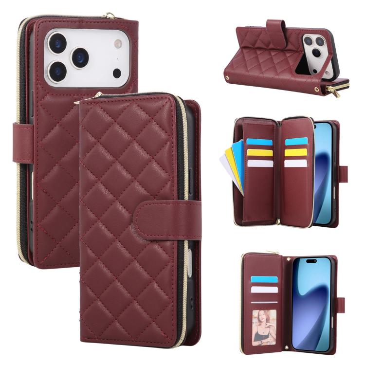 Crossbody Rhombic Zipper Tower Buckle Leather Phone Case with Lanyard, For iPhone 18 / 17, For iPhone 18 Pro / 17 Pro, For iPhone 18 Pro Max / 17 Pro Max, For iPhone 17e / 16e