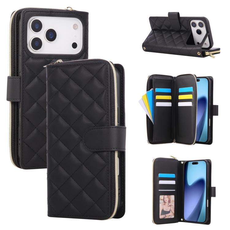 Crossbody Rhombic Zipper Tower Buckle Leather Phone Case with Lanyard, For iPhone 18 / 17, For iPhone 18 Pro / 17 Pro, For iPhone 18 Pro Max / 17 Pro Max, For iPhone 17e / 16e
