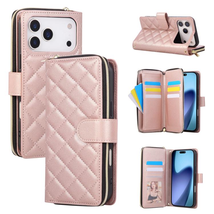 Crossbody Rhombic Zipper Tower Buckle Leather Phone Case with Lanyard, For iPhone 18 / 17, For iPhone 18 Pro / 17 Pro, For iPhone 18 Pro Max / 17 Pro Max, For iPhone 17e / 16e
