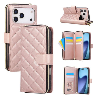 Crossbody Rhombic Zipper Tower Buckle Leather Phone Case with Lanyard, For iPhone 18 / 17, For iPhone 18 Pro / 17 Pro, For iPhone 18 Pro Max / 17 Pro Max, For iPhone 17e / 16e