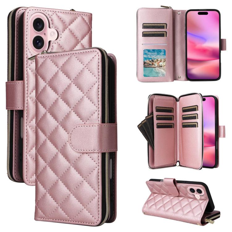 Crossbody Rhombic Zipper Tower Buckle Leather Phone Case with Lanyard, For iPhone 18 / 17, For iPhone 18 Pro / 17 Pro, For iPhone 18 Pro Max / 17 Pro Max, For iPhone 17e / 16e