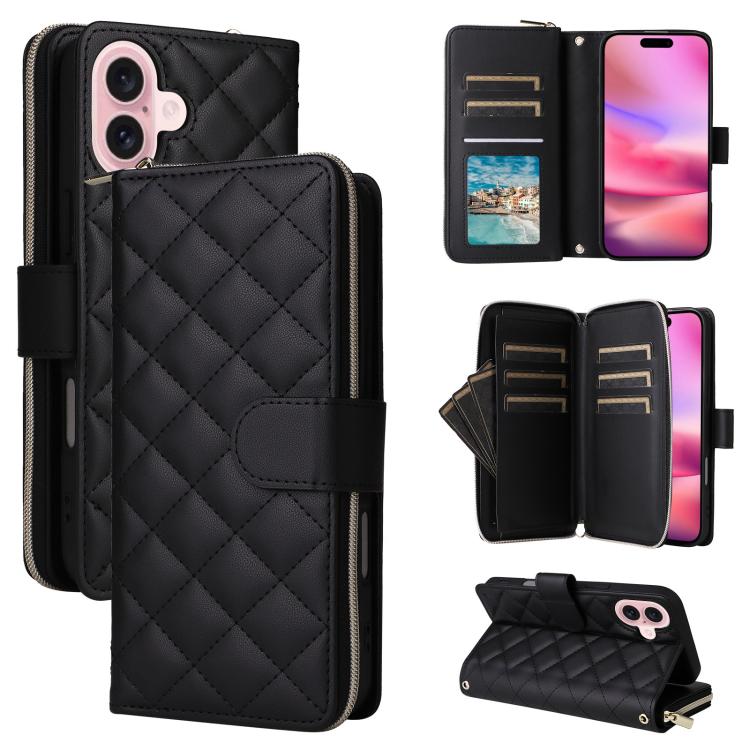 Crossbody Rhombic Zipper Tower Buckle Leather Phone Case with Lanyard, For iPhone 18 / 17, For iPhone 18 Pro / 17 Pro, For iPhone 18 Pro Max / 17 Pro Max, For iPhone 17e / 16e