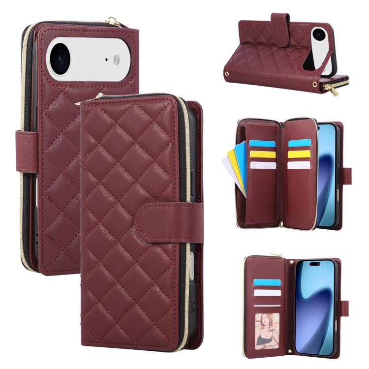 Crossbody Rhombic Zipper Tower Buckle Leather Phone Case with Lanyard, For iPhone Air, For iPhone 16 Pro Max, For iPhone 16 Pro, For iPhone 16 Plus
