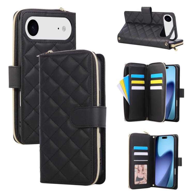 Crossbody Rhombic Zipper Tower Buckle Leather Phone Case with Lanyard, For iPhone Air, For iPhone 16 Pro Max, For iPhone 16 Pro, For iPhone 16 Plus