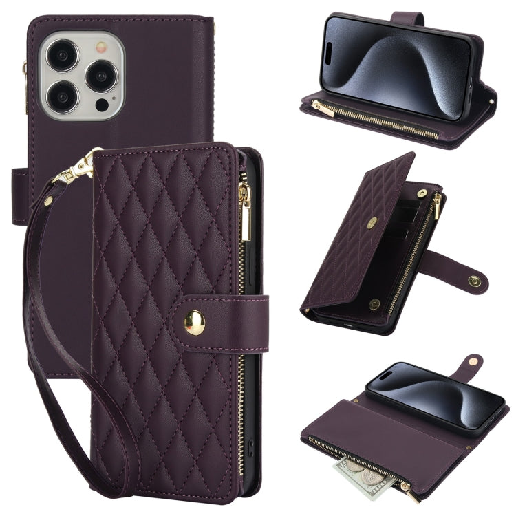 YM016 Rhombic Zipper Card Wallet Leather Phone Case with Lanyard, For iPhone 15 Pro Max, For iPhone 15 Pro, For iPhone 15 Plus