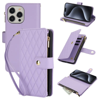 YM016 Rhombic Zipper Card Wallet Leather Phone Case with Lanyard, For iPhone 15 Pro Max, For iPhone 15 Pro, For iPhone 15 Plus