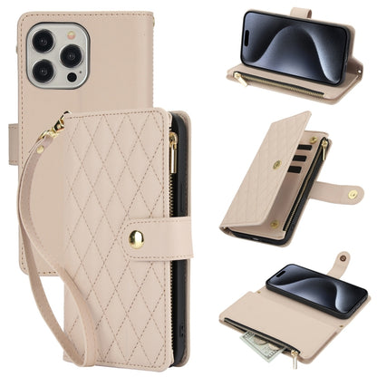 YM016 Rhombic Zipper Card Wallet Leather Phone Case with Lanyard, For iPhone 15 Pro Max, For iPhone 15 Pro, For iPhone 15 Plus
