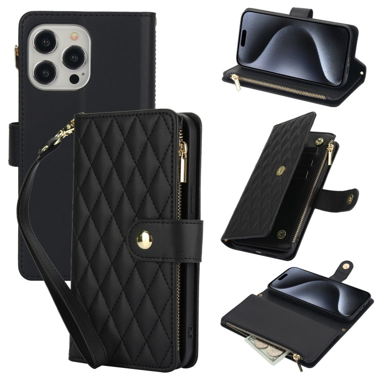 YM016 Rhombic Zipper Card Wallet Leather Phone Case with Lanyard, For iPhone 15 Pro Max, For iPhone 15 Pro, For iPhone 15 Plus