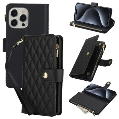 YM016 Rhombic Zipper Card Wallet Leather Phone Case with Lanyard, For iPhone 15 Pro Max, For iPhone 15 Pro, For iPhone 15 Plus