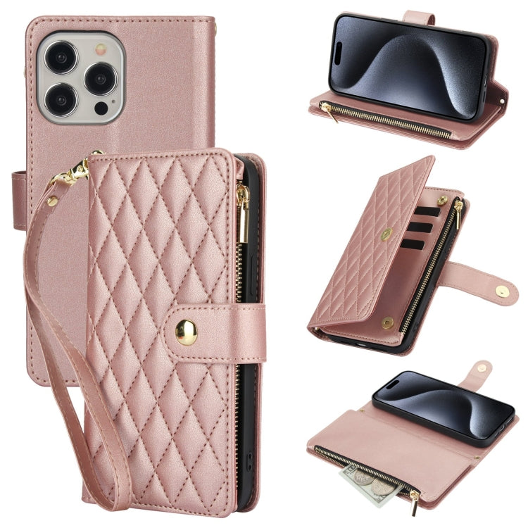 YM016 Rhombic Zipper Card Wallet Leather Phone Case with Lanyard, For iPhone 15 Pro Max, For iPhone 15 Pro, For iPhone 15 Plus