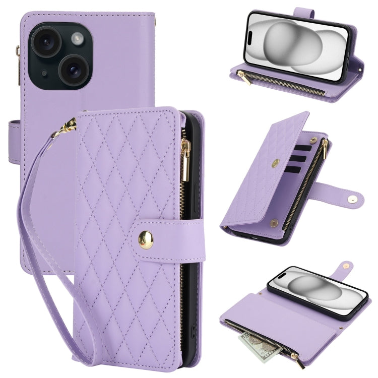 YM016 Rhombic Zipper Card Wallet Leather Phone Case with Lanyard, For iPhone 15 Pro Max, For iPhone 15 Pro, For iPhone 15 Plus