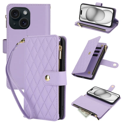 YM016 Rhombic Zipper Card Wallet Leather Phone Case with Lanyard, For iPhone 15 Pro Max, For iPhone 15 Pro, For iPhone 15 Plus