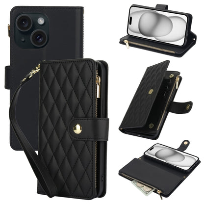 YM016 Rhombic Zipper Card Wallet Leather Phone Case with Lanyard, For iPhone 15 Pro Max, For iPhone 15 Pro, For iPhone 15 Plus