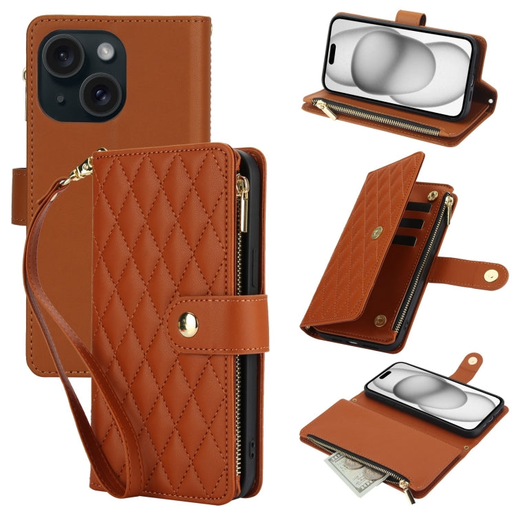 YM016 Rhombic Zipper Card Wallet Leather Phone Case with Lanyard, For iPhone 15, For iPhone 14 Plus, For iPhone 14