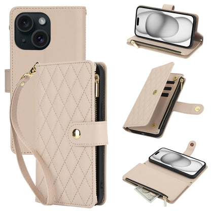 YM016 Rhombic Zipper Card Wallet Leather Phone Case with Lanyard, For iPhone 15, For iPhone 14 Plus, For iPhone 14