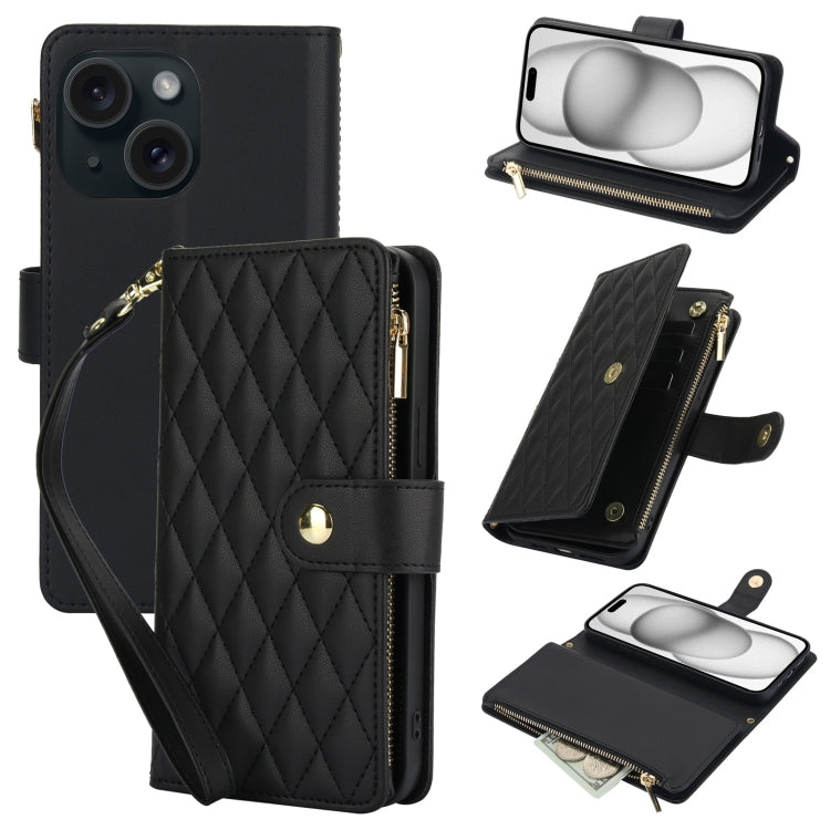 YM016 Rhombic Zipper Card Wallet Leather Phone Case with Lanyard, For iPhone 15, For iPhone 14 Plus, For iPhone 14