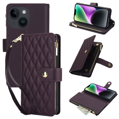 YM016 Rhombic Zipper Card Wallet Leather Phone Case with Lanyard, For iPhone 15, For iPhone 14 Plus, For iPhone 14