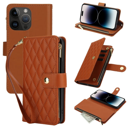 YM016 Rhombic Zipper Card Wallet Leather Phone Case with Lanyard, For iPhone 14 Pro, For iPhone 14 Pro Max, For iPhone SE 2022 / SE 2020 / 8
