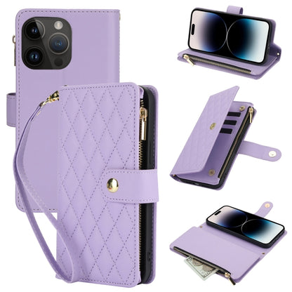 YM016 Rhombic Zipper Card Wallet Leather Phone Case with Lanyard, For iPhone 14 Pro, For iPhone 14 Pro Max, For iPhone SE 2022 / SE 2020 / 8