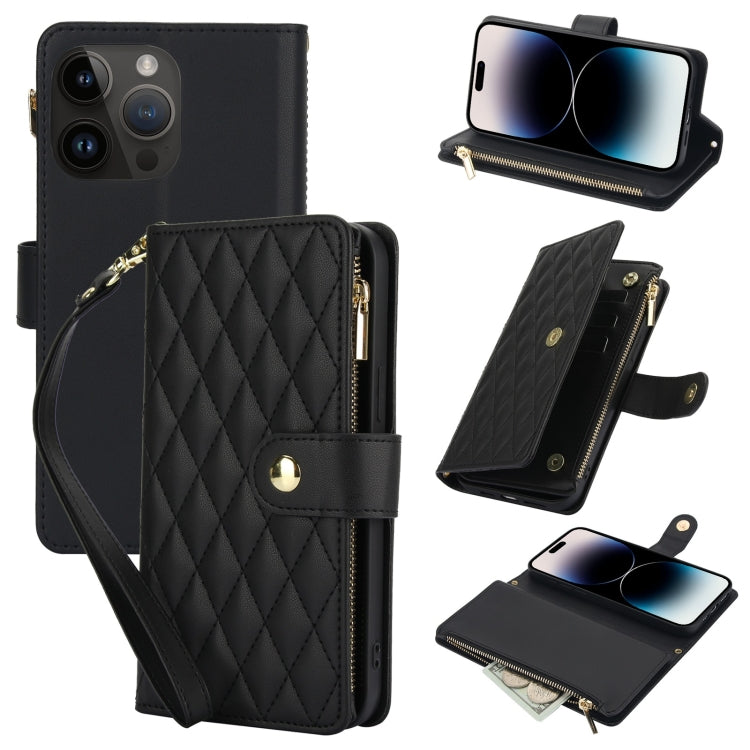 YM016 Rhombic Zipper Card Wallet Leather Phone Case with Lanyard, For iPhone 14 Pro, For iPhone 14 Pro Max, For iPhone SE 2022 / SE 2020 / 8
