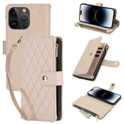YM016 Rhombic Zipper Card Wallet Leather Phone Case with Lanyard, For iPhone 14 Pro, For iPhone 14 Pro Max, For iPhone SE 2022 / SE 2020 / 8