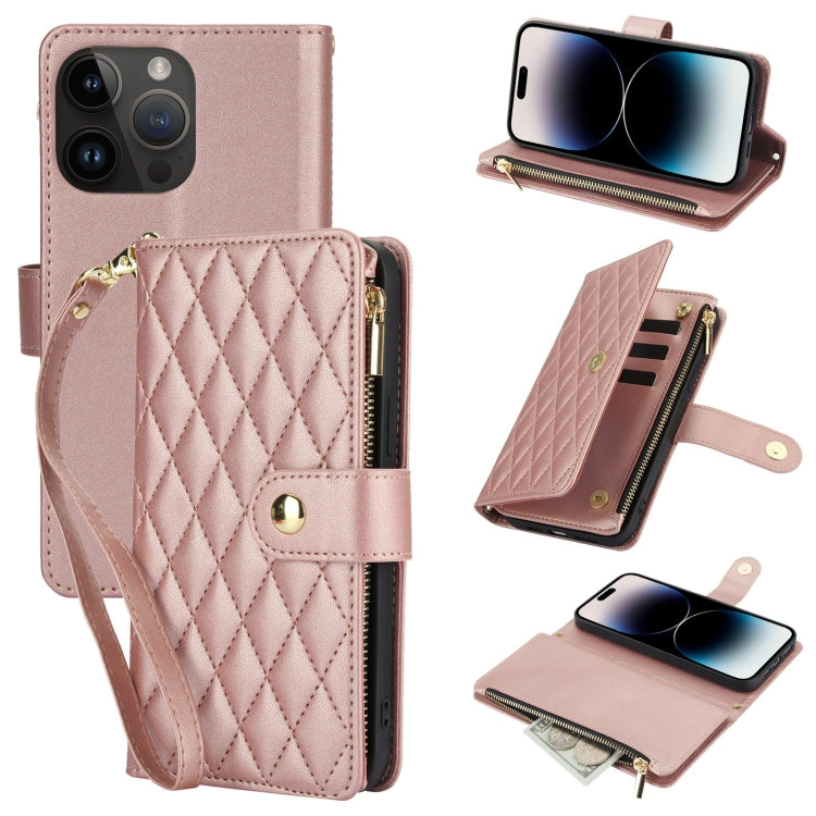 YM016 Rhombic Zipper Card Wallet Leather Phone Case with Lanyard, For iPhone 14 Pro, For iPhone 14 Pro Max, For iPhone SE 2022 / SE 2020 / 8