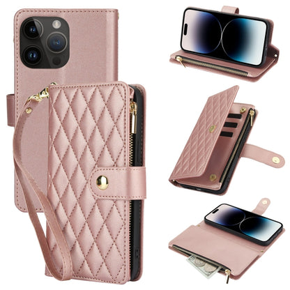 YM016 Rhombic Zipper Card Wallet Leather Phone Case with Lanyard, For iPhone 14 Pro, For iPhone 14 Pro Max, For iPhone SE 2022 / SE 2020 / 8