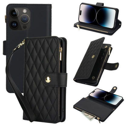YM016 Rhombic Zipper Card Wallet Leather Phone Case with Lanyard, For iPhone 14 Pro, For iPhone 14 Pro Max, For iPhone SE 2022 / SE 2020 / 8