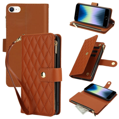 YM016 Rhombic Zipper Card Wallet Leather Phone Case with Lanyard, For iPhone 14 Pro, For iPhone 14 Pro Max, For iPhone SE 2022 / SE 2020 / 8