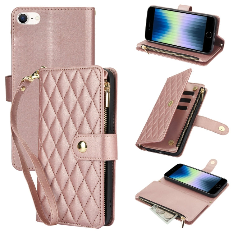 YM016 Rhombic Zipper Card Wallet Leather Phone Case with Lanyard, For iPhone 14 Pro, For iPhone 14 Pro Max, For iPhone SE 2022 / SE 2020 / 8