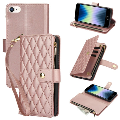 YM016 Rhombic Zipper Card Wallet Leather Phone Case with Lanyard, For iPhone 14 Pro, For iPhone 14 Pro Max, For iPhone SE 2022 / SE 2020 / 8