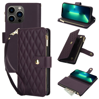 YM016 Rhombic Zipper Card Wallet Leather Phone Case with Lanyard, For iPhone 13 Pro Max, For iPhone 13 Pro, For iPhone 13