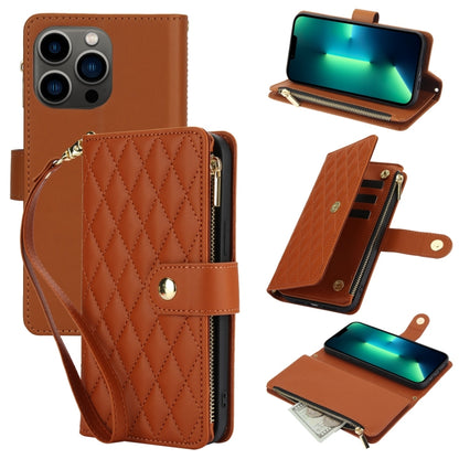 YM016 Rhombic Zipper Card Wallet Leather Phone Case with Lanyard, For iPhone 13 Pro Max, For iPhone 13 Pro, For iPhone 13