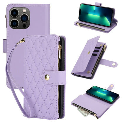 YM016 Rhombic Zipper Card Wallet Leather Phone Case with Lanyard, For iPhone 13 Pro Max, For iPhone 13 Pro, For iPhone 13